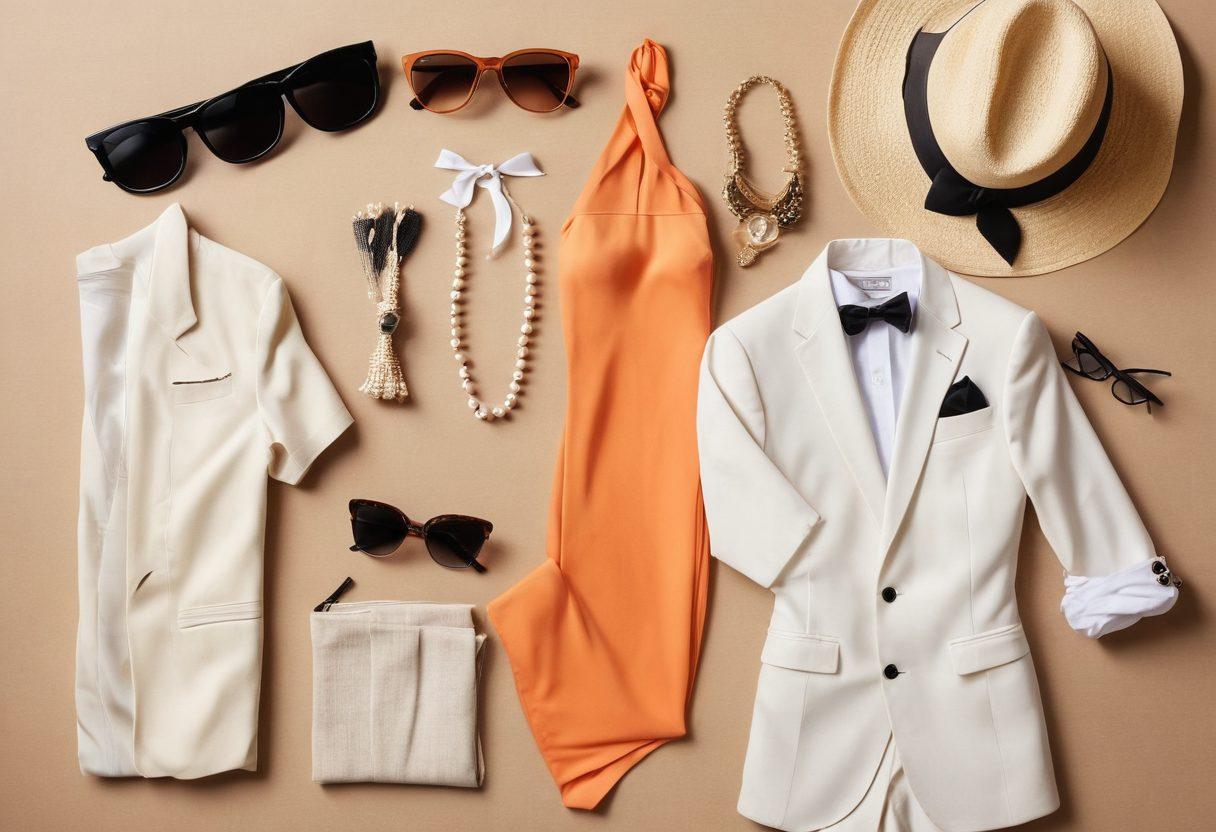 A stylish flat lay displaying an array of outfits from casual swimwear to elegant black tie, arranged artistically with accessories like sunglasses, a beach hat, a bow tie, and elegant jewelry. Soft sunlight illuminates the vibrant colors, creating a warm and inviting atmosphere. Include subtle textures like sand and fabric swatches for depth. The background should be light and airy, emphasizing the variety. super-realistic. vibrant colors. soft focus.